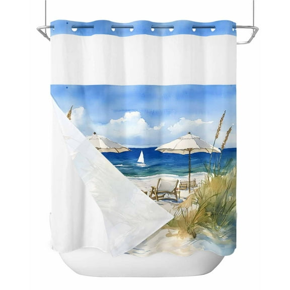 No Hook Shower Curtains with Snap in Liner, Coastal Nautical Wave Waterproof Fabric Shower Curtain, Ocean Oil Painting Beach Plant Double Layers & See-Through Top Window Bathroom Curtains 66''x72''