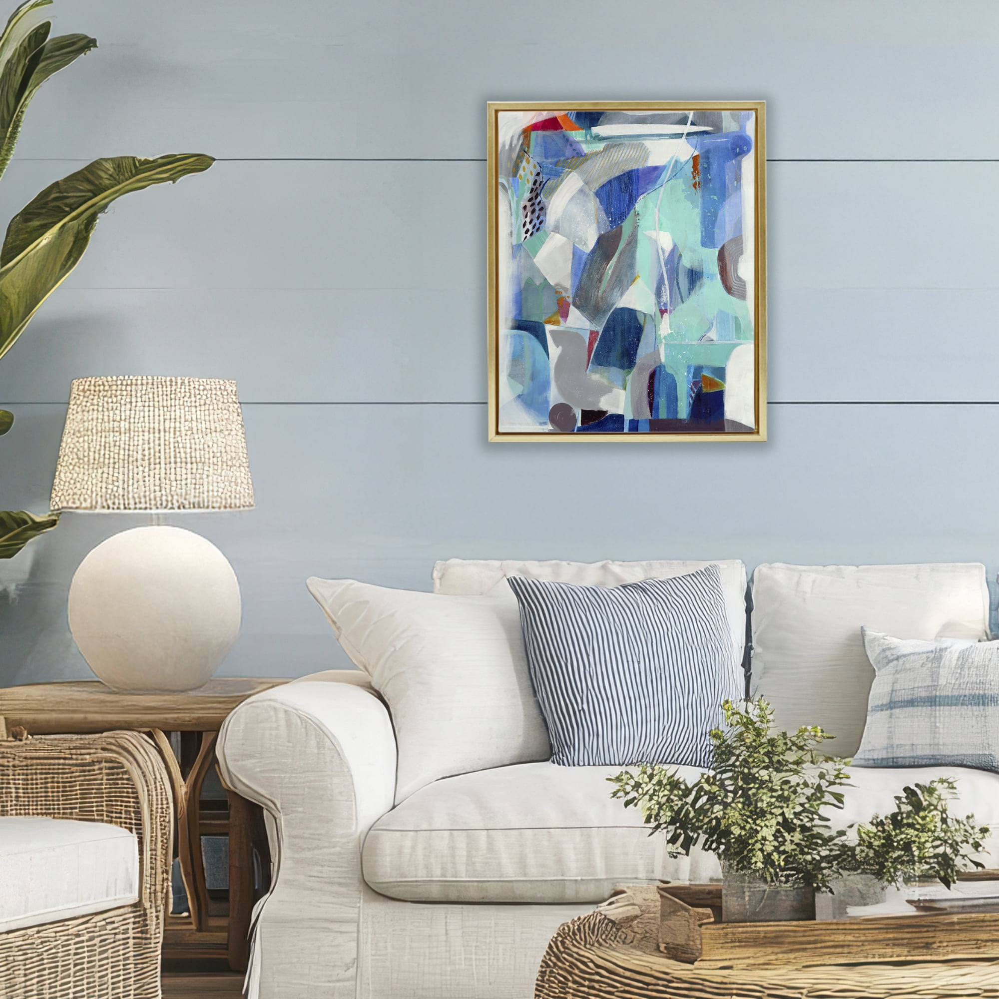 Stupell Industries Complex Blue Layers Gold Framed Floater Canvas Wall Art, design by Jill Martin