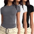 thumbnail image 1 of 3 Pcs Chemises Courtes pour Femmes Manches Courtes Basiques Col Montant Manches Longues pour Femmes Ajustées Compression Manches Longues pour Femmes Crop Tops, 1 of 8