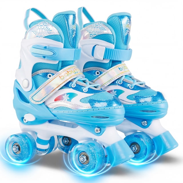 Gymax Patins à Roulettes pour Enfants 4 Tailles Réglables Patins Quad avec Roues Lumineuses pour 3 à 9 Ans Bleu Marine