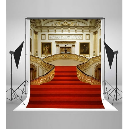 Image of ABPHOTO Polyester 5x7ft Red Staircase Photography Backdrops Winkle Free Gold Castle and Red Carpet Photo Background