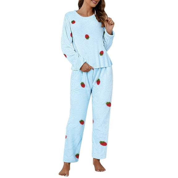 XIAONU Women Strawberry Print Two Piece Pajama Set Crew Neck Long Sleeve Top Pants Plush Warm Sleepwear Pajamas Blue