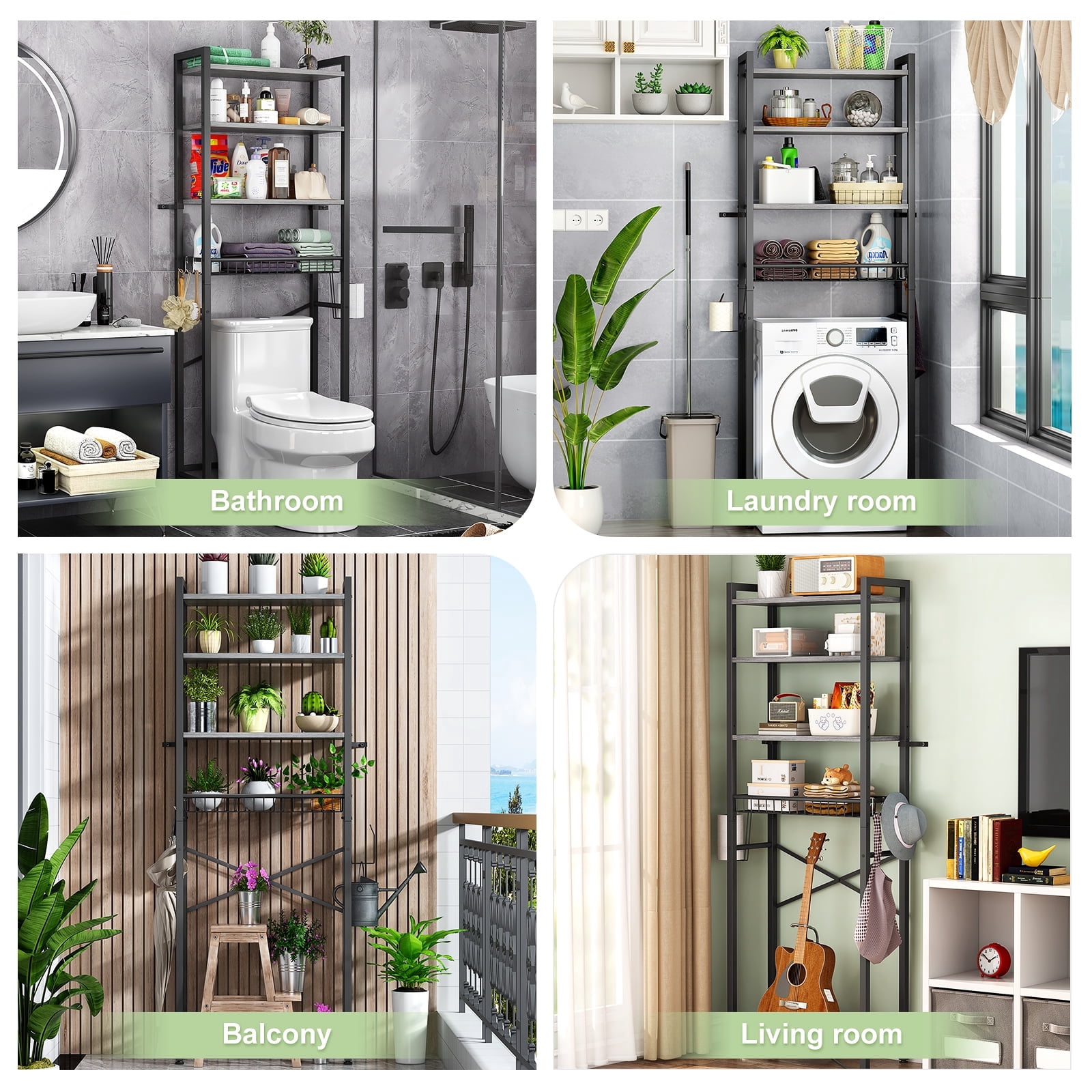 Biemlerfn Over The Toilet Storage Shelf, 4-Tier Wooden Bathroom Organizer Adjustable Saver Space Rack with Toilet Paper Holder, Natural Gray
