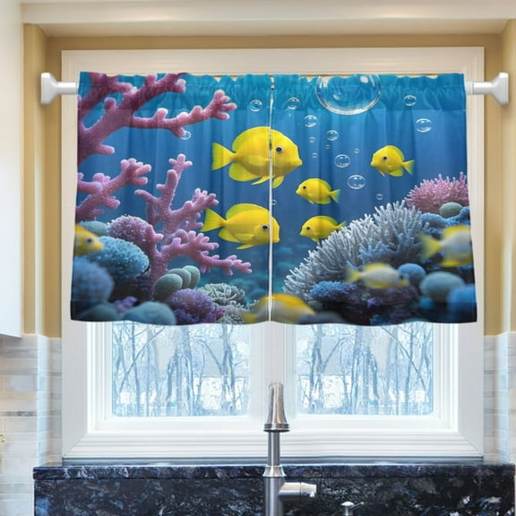 Ryvnso Fish in Ocean Half Curtains Sets Tier 2 Panels Short Curtain Rod Pocket 27"W x 24"L