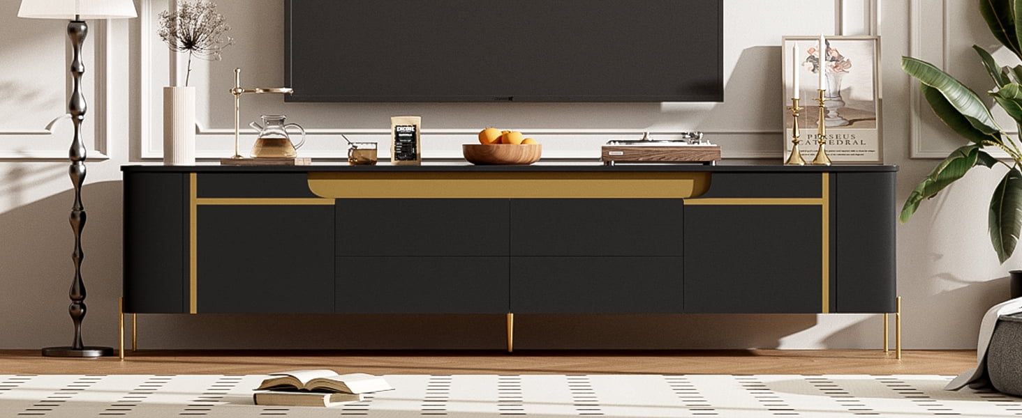Euroco Light Luxury TV Stand with 2 Cabinets and 4 Drawers – Gold Metal Legs, Cable Management, Concealed Handles – Modern Entertainment Center for Living Room