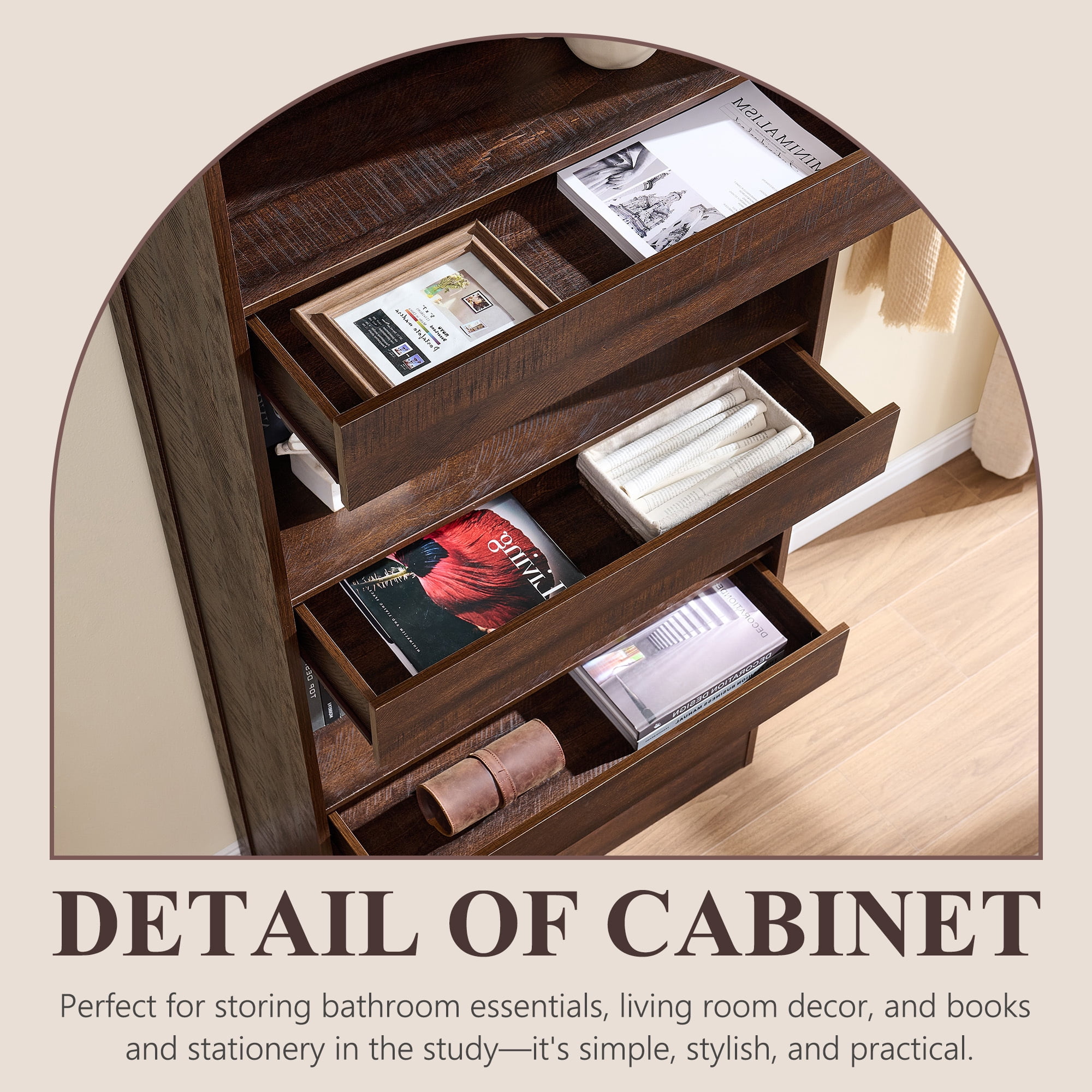 SinCiDo 76" Tall Arched Bookcase w/Hidden Magnetic Lock Drawer at the Bottom, 4-Tier Large Open Bookshelf w/3 Pull-Out Drawers for Living Room, Office