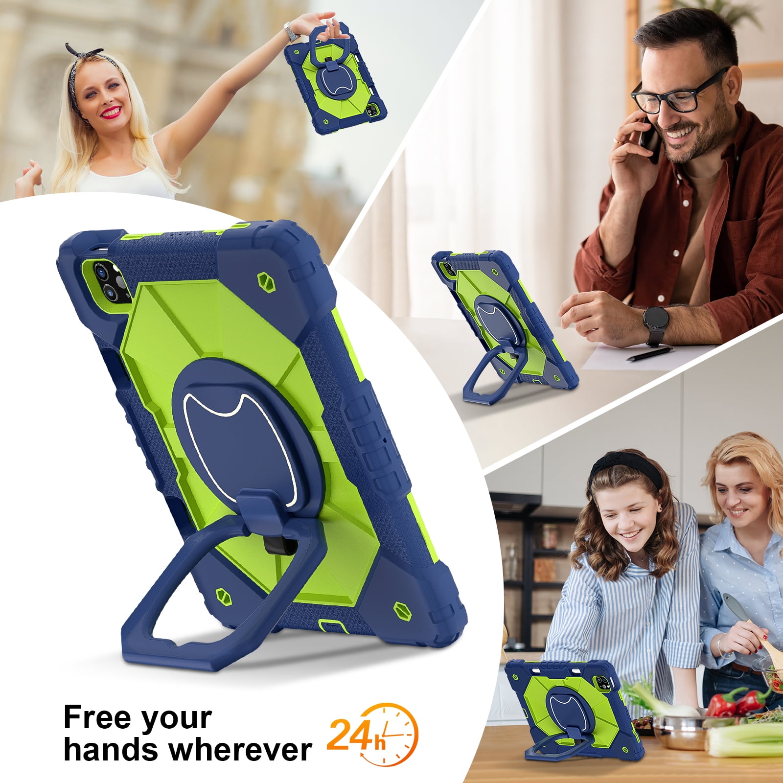 Shockproof Case for Apple iPad Air 11 Inch M4 M3 M2 2026 2025 2024, Build in Pencil Holder Rotating Stand Shoulder Strap Bumper Shockproof Rugged Kids Friendly Case Cover for iPad Air 11", Blue+Olive