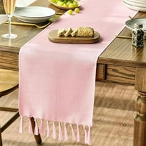 Sm:)e Pink Tassel Table Runner, 13x36 Inches, Boho Linen Blend Rustic Farmhouse Style, Holiday Wedding Party Kitchen Table Decor