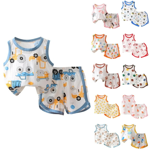 Jinhomg Toddler Baby Summer Outfits Casual Sleeveless Cartoon Graphic Tank Tops with Shorts Lightweight Comfy Cotton Lounge Sets for Boys and Girls White 9 Months