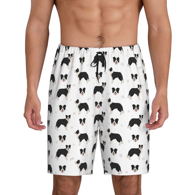 Balery Border Collie Dog Pantalones cortos de pijama de punto de algodón para hombre con cinturilla y bolsillos-Large