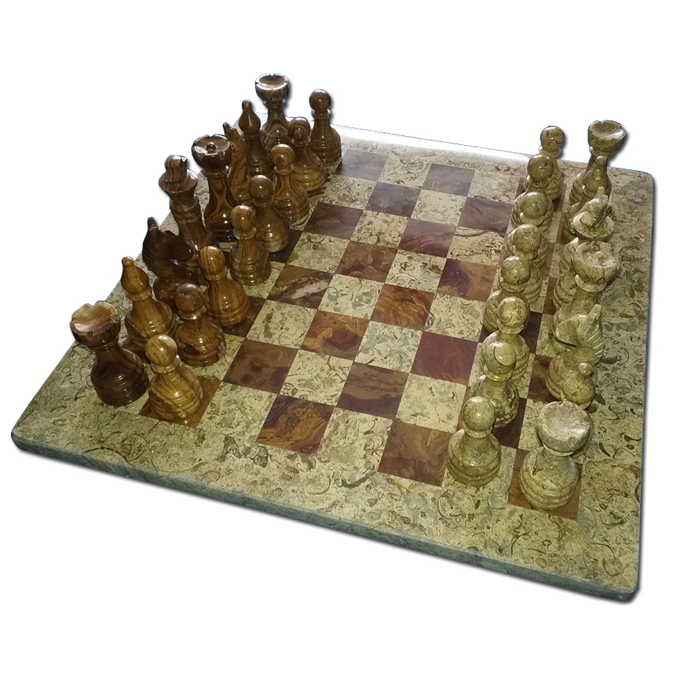 NSA Original Handmade Fossil Coral and Dark Brown Weighted Marble Chess