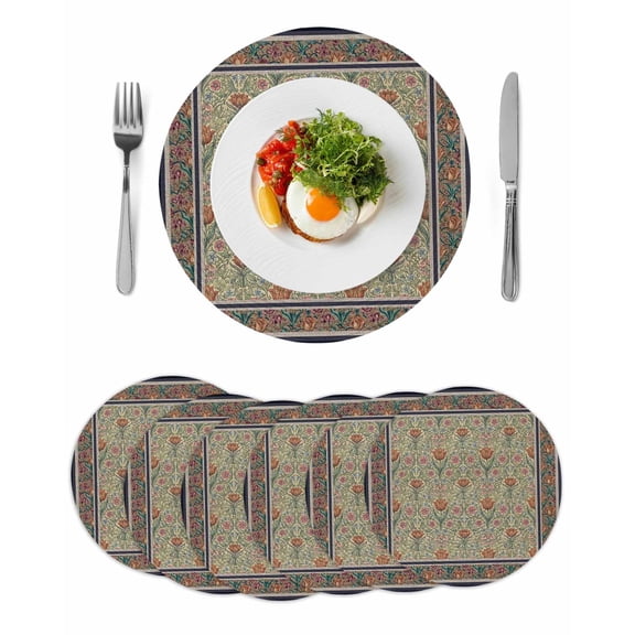 Boho Floral Round 15 Inch Placemats Set of 6, Vintage Flowers Abstract Art Ethic Tribe HeatResistant Non Slip Place Mats for Dining Table, Wipeable Braided Kitchen Table Mats for Housewarming