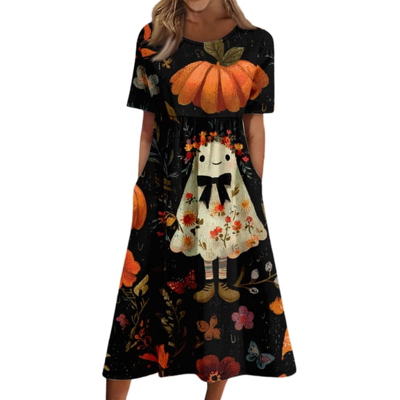 Women's Halloween Print Casual Dress, Round Neck with Pockets Design for Daily Wear, Relaxed Fit for Everyday Outings, Halloween Themed Dress for Ladies Black L