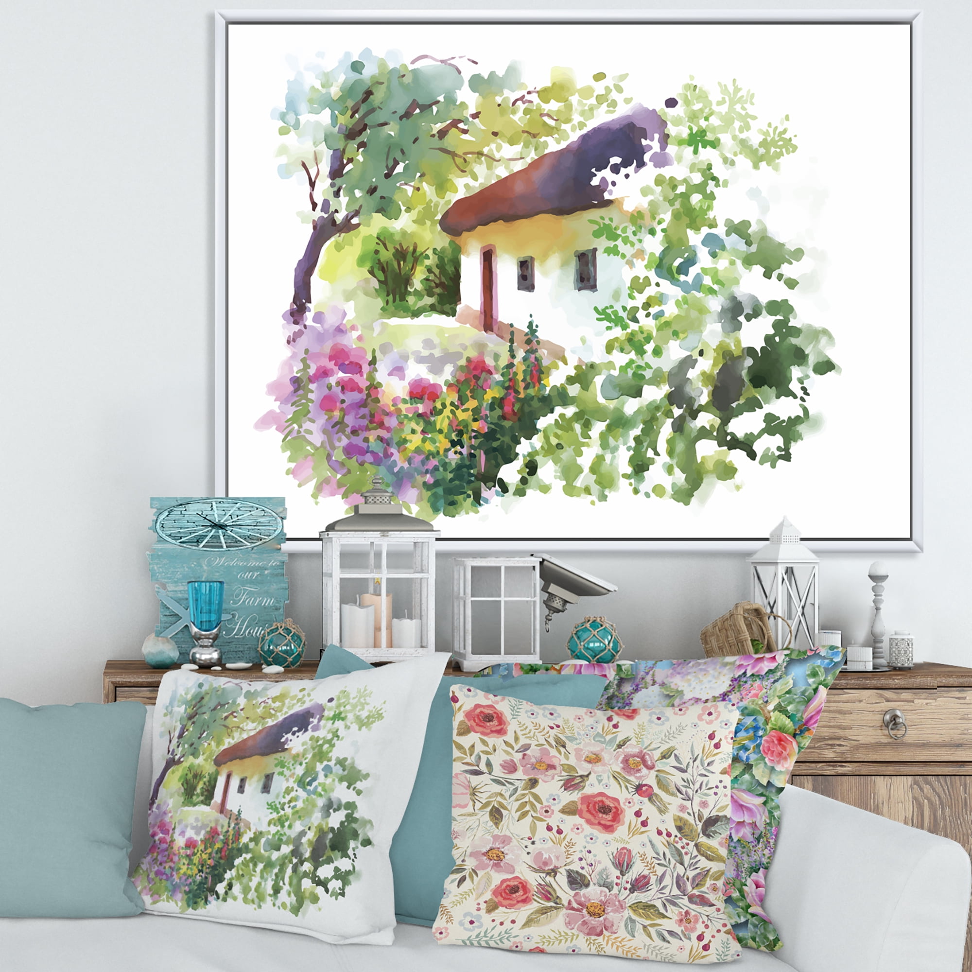 Designart 'Rural Village House On A Green Summer Day' Traditional Framed Canvas Wall Art Print