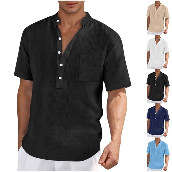 Men's Short Sleeve Band Collar Henley Shirts Wrinkle Free T-Shirts Summer Beach Wedding Tropical Resort Tops Casual Pullover Tees with Chest Pocket