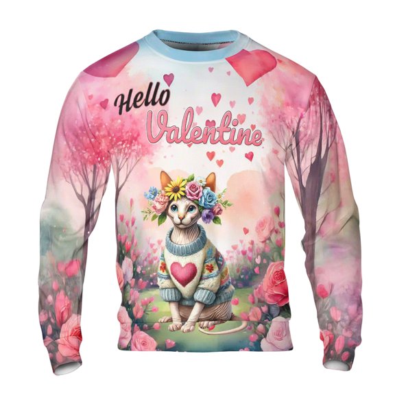 Hello Valentine’s Day Sphynx Flower Crown Romantic Pink Floral All Over Print 3D Sweatshirt Unisex Merch Cat Lover Kitten Owner Gifts Idea - 00031