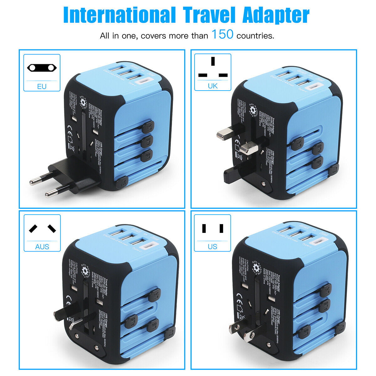 Color Blue HobbyAnt All in one Universal International Plug Adapter 4USB Ports World Travel AC Power Charger US UK AU EU 