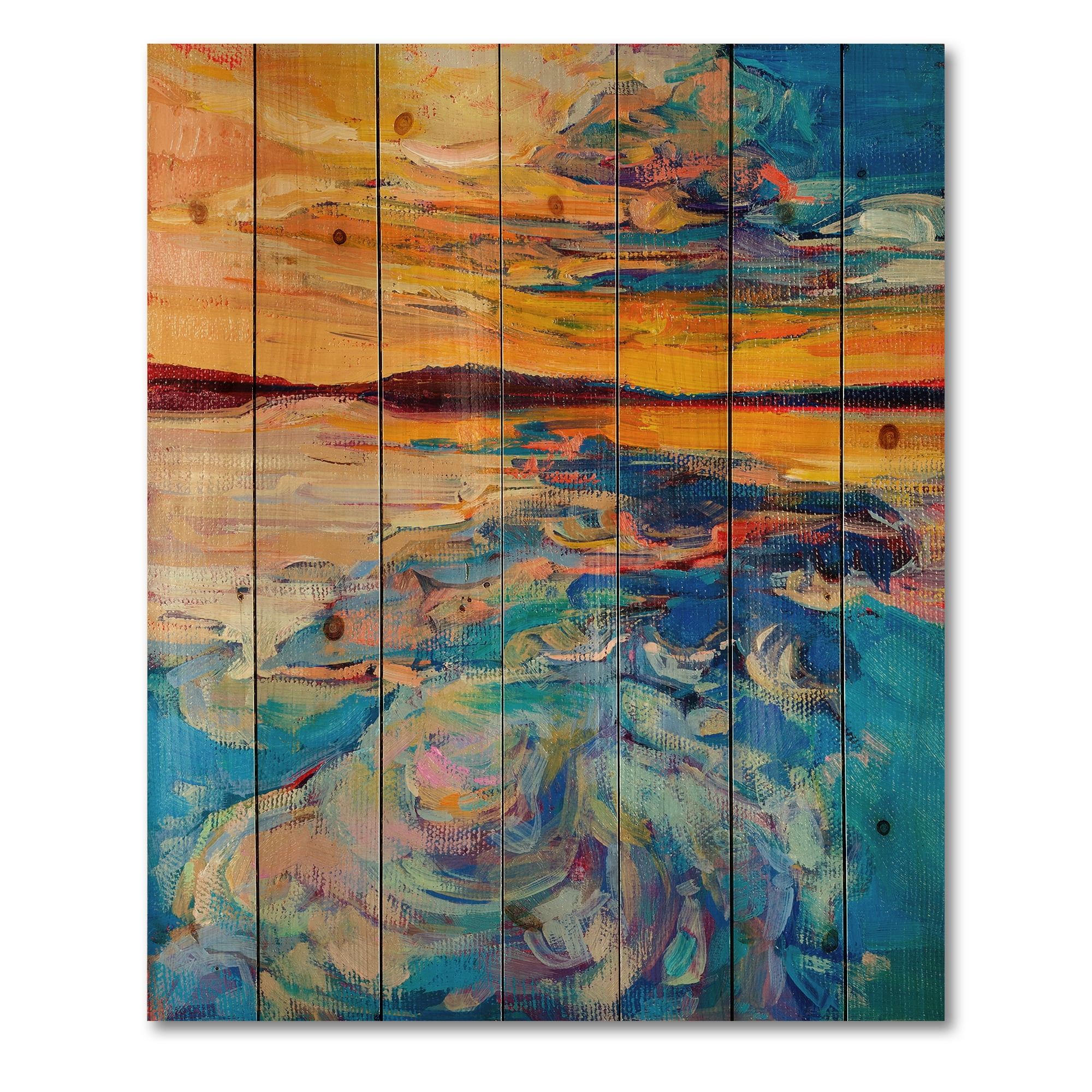 Designart 'Whirly Blue Waves Under Orange Sunset' Nautical & Coastal Print on Natural Pine Wood