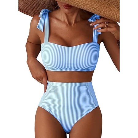 UZMOG Bikini Sets for Women, Tie Shoulder Swimsuit for Women 2 Piece Striped High Waisted Bathing Suits