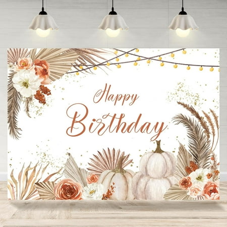 Image of Happy Birthday Backdrop Pumpkin Autumn Pampas Grass Flowers Girls Women Birthday Photography Background Fall Happy Birthday Floral Banner Supplies Party Decorations Photo Booth Props 7x5f