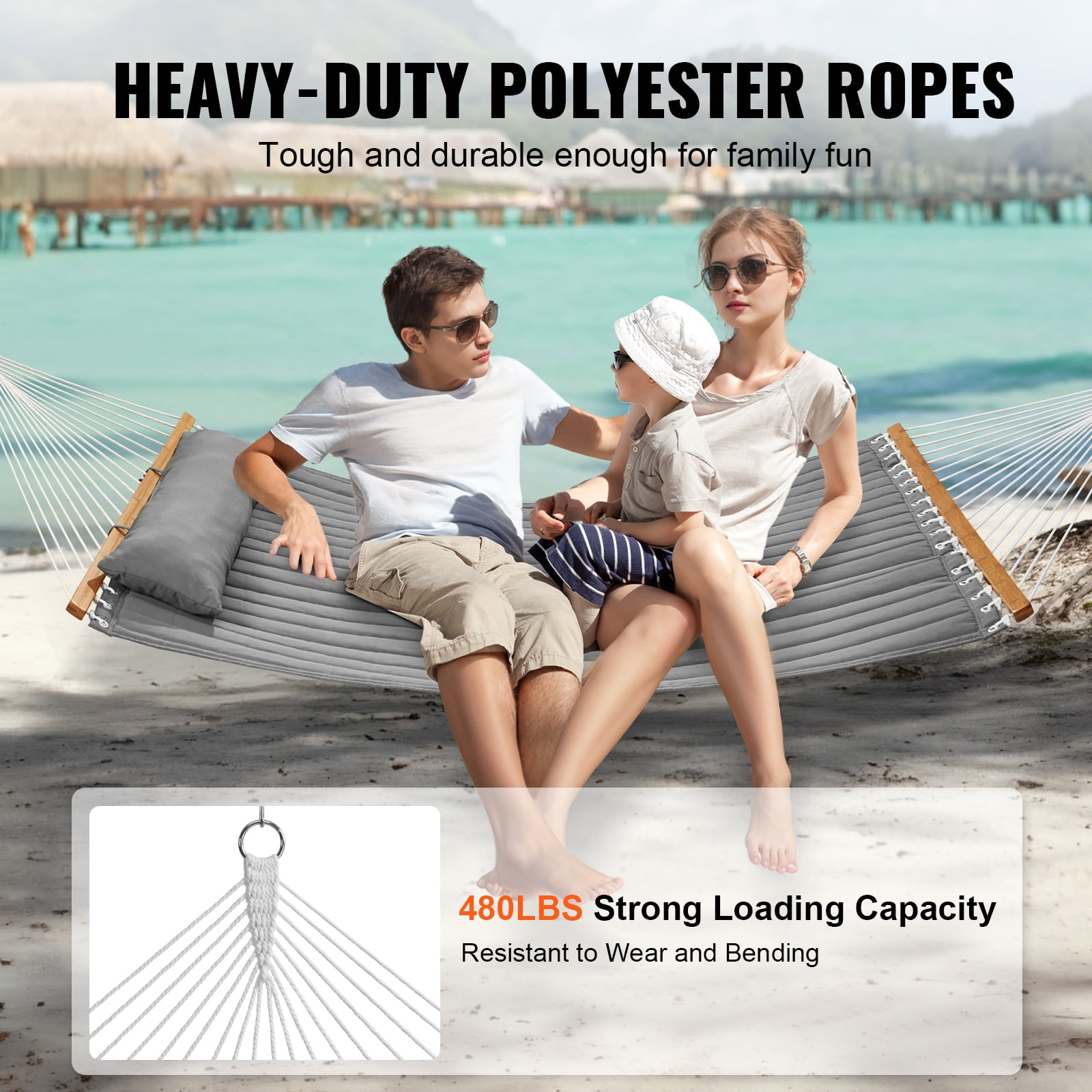 KFFKFF Double Layer Fabric Hammock with Removable Pillow Hardwood Spreader Bar