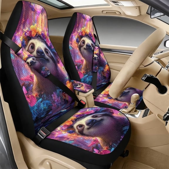 Xoenoiee Sloth Flower Print Car Accessories Set of 5, PU Leather Car Seats Cover Protector, Seatbelt Cover, Auto Armrest Cover Protector for Most Vehicle, SUV, Truck