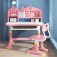 thumbnail image 2 of Kids Functional Desk Chair Set, Height Adjustable Children School Study Desk with Castle Backboard, Widened Desktop, Bookstand and Storage Drawer (Pink), 2 of 8