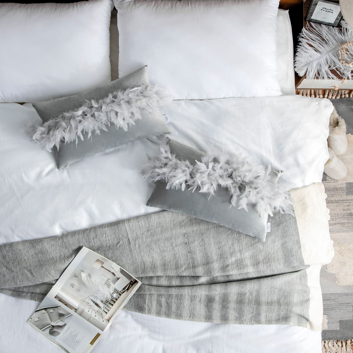 Phantoscope Feather Velvet Decorative Throw Pillows, 12 x 20 in, Light Gray, 2 Pack