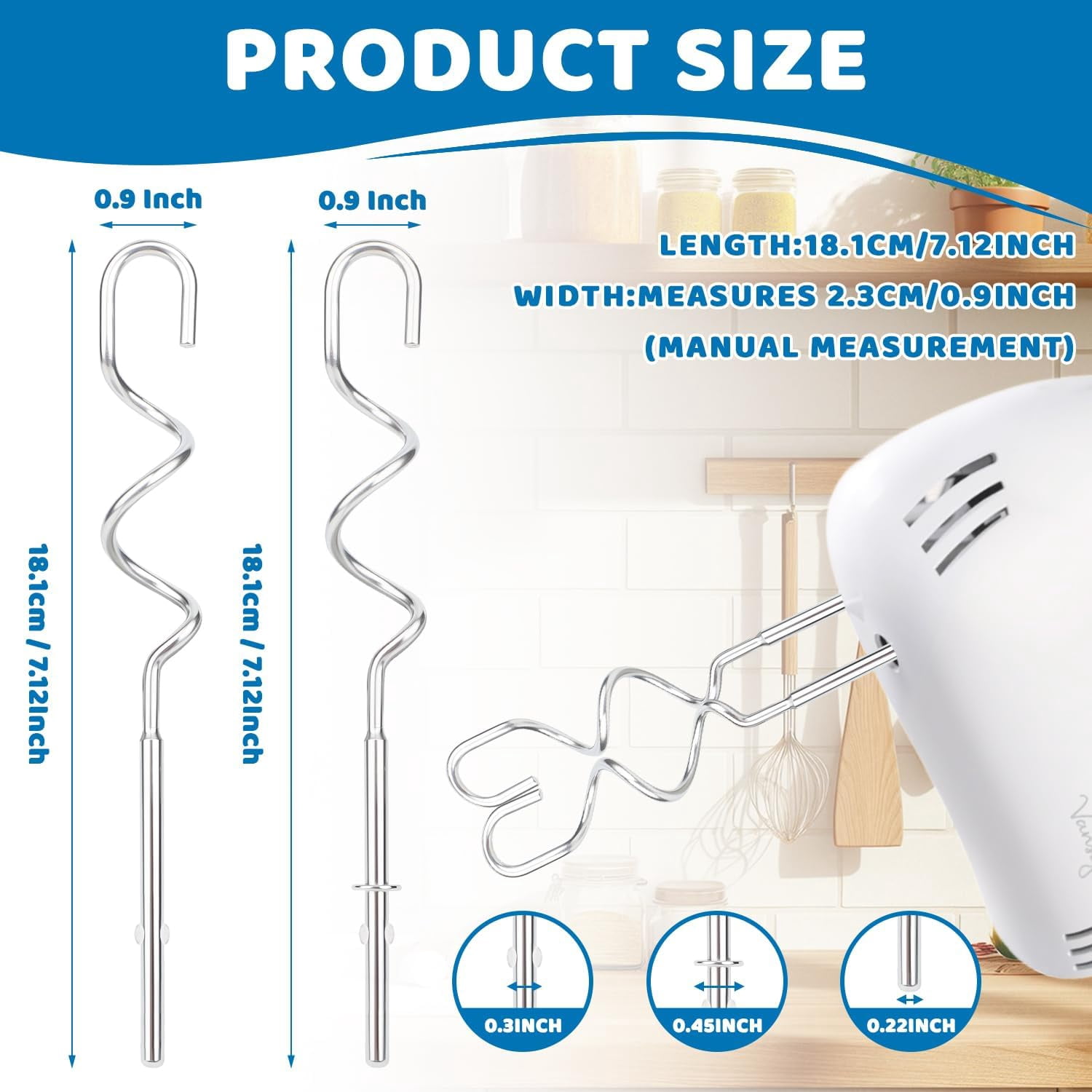 FRKSMD-2 Pack KHM512 Dough Hooks for Hand Mixer, Stainless Steel Hand Mixer Dough Hooks for KitchenAid Hand Mixers Replacement KHM3 KHM5 KHM7 KHM9 Series