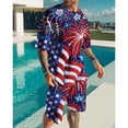 thumbnail image 2 of Traje casual de moda hawaiana para hombre, bandera del Día de la Independencia con fuegos artificiales geométricos creativos, estampado digital 3D, pantalones de playa para niños, 2 of 5