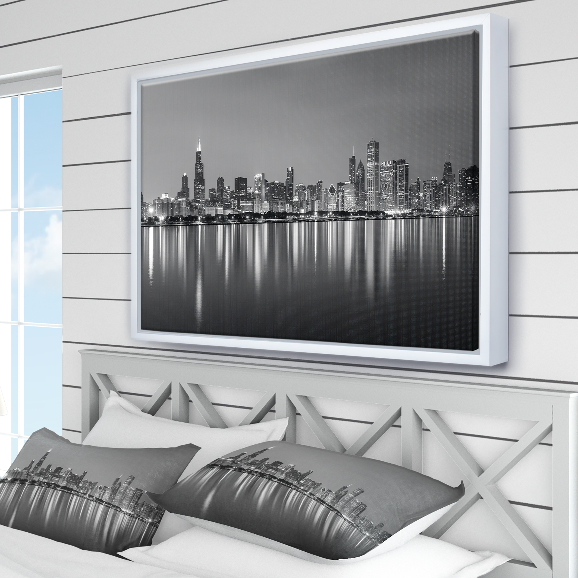Designart ' Chicago Skyline at Night Black and White ' Cityscape Framed Canvas Print