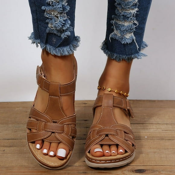 Babysbule Sandals for Women Clearancde Muffin Faux Leather Round Toe Black Platform Straw Mesh Wedge Casual Sandals Women's Shoes