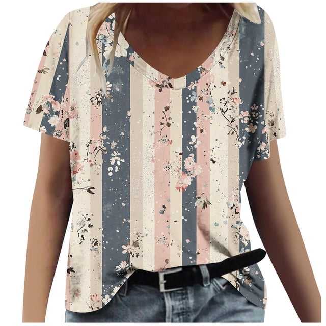 Tops Cortos para las Mujeres Impresión V-Cuello Suéter Blusa, Manga Corta de Poliéster Top de Moda, Lavado a Mano Todas las Estaciones Desgaste Casual