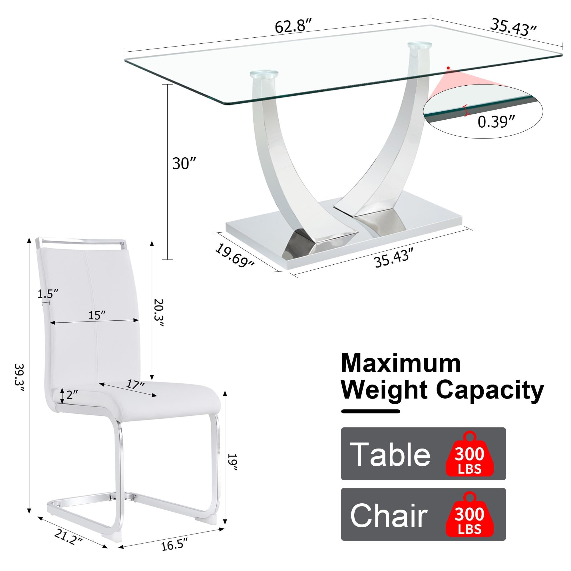 Sumdeal 63" Glass Dining Table Set for 4,Modern Dining Room Table Set for 4, Kitchen Table and PU Leather Chairs Set for 4, Dinner Table with Rectangle Tempered Glass Top and Chrome Silver Base
