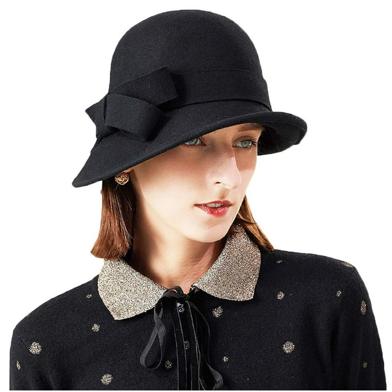 Tancuzo Womens Solid Color Bucket Hat Casual Lady Bowler Hat 100% Wool  Winter Cap Cloche with Bow Accent,Black 