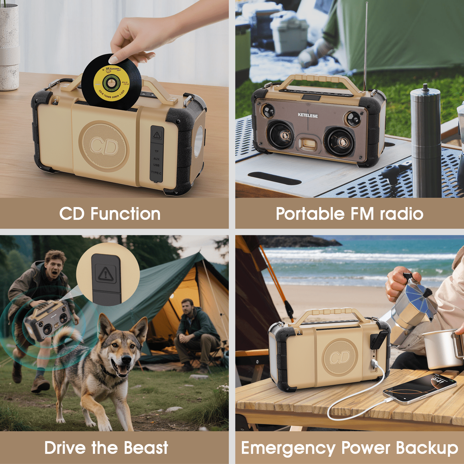 Unique CD Player with 4 Glass Diaphragms Speakers, Portable Bluetooth Speaker Powerful Sound, FM Radio/ AUX Audio/24H Playtime/ 2 Huge LED Lights/ TF Card Slot, for Camping/Backyard/Party
