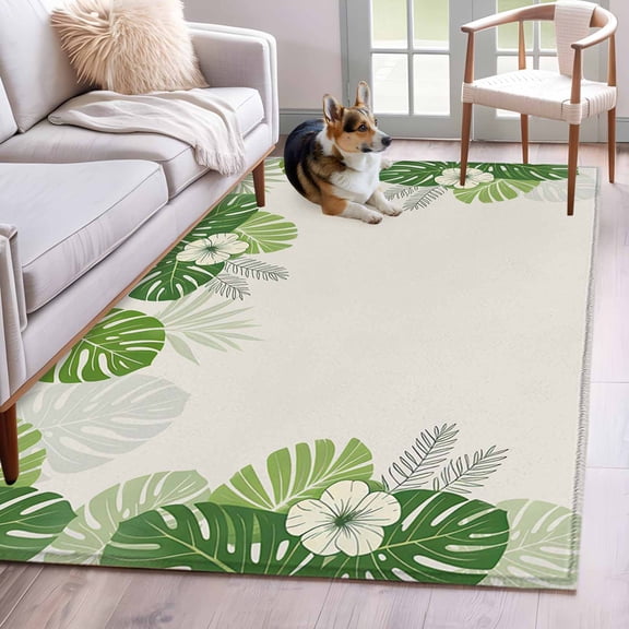 Palm Leaves Area Rugs 2.7'x5', Washable Small Throw Rugs for Kitchen Bedroom, Farmhouse Summer Tropical Leaf Flowers Indoor Outdoor Rug Non-Slip Low Pile Carpet Runner Reversible Floor Mats