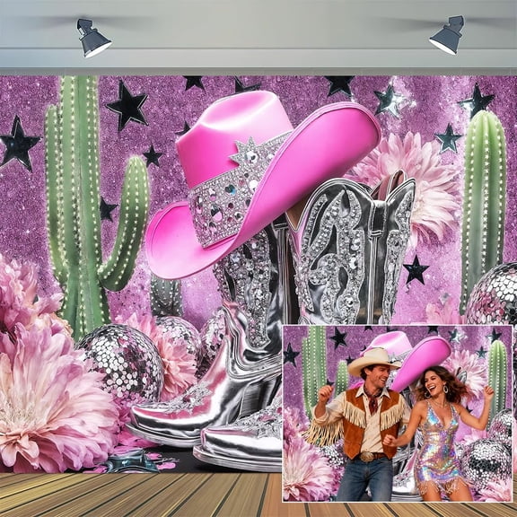 Western Disco Backdrop Purple Cowgirl Boot Pink Hat Cactus Background Wild West Rustic Bridal Shower Birthday Party Decorations Banner Photo Studio Props