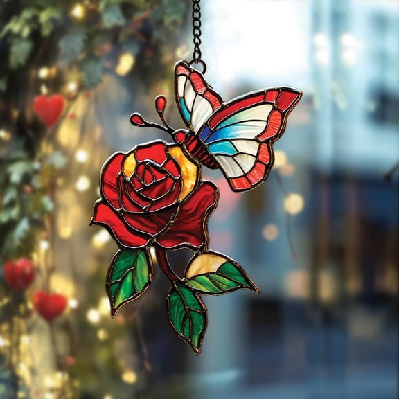 Butterfly and Rose Flower Window Hanging, Acrylic Suncatcher Decoration, Mother's Day Gift for Her, Wall Art for Home or Fairy Garden