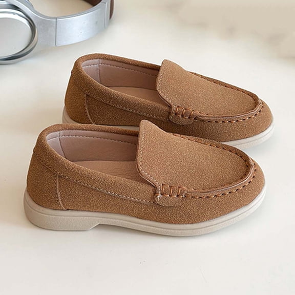 absuyy Kids Loafers for Girls Slip On Casual Shoes, Easy Clean Synthetic Faux Leather School & Everyday Wear, Brown, Sizes 6T-2.5Y,Size 8