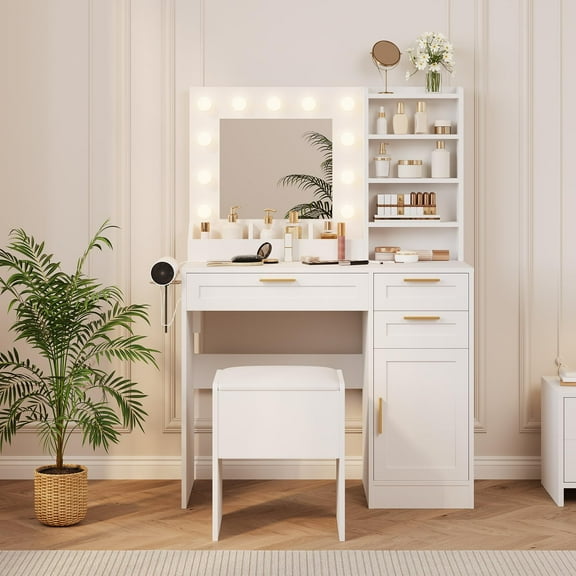 Kojooin Vanity Desk with Mirror and Lights, Makeup Vanity Set with Drawers & Cabinet & Chair, 3 Light Mode and Brightness Adjusted & Power Outlet, Dressing Table with Hairdryer Holder for Bedroom