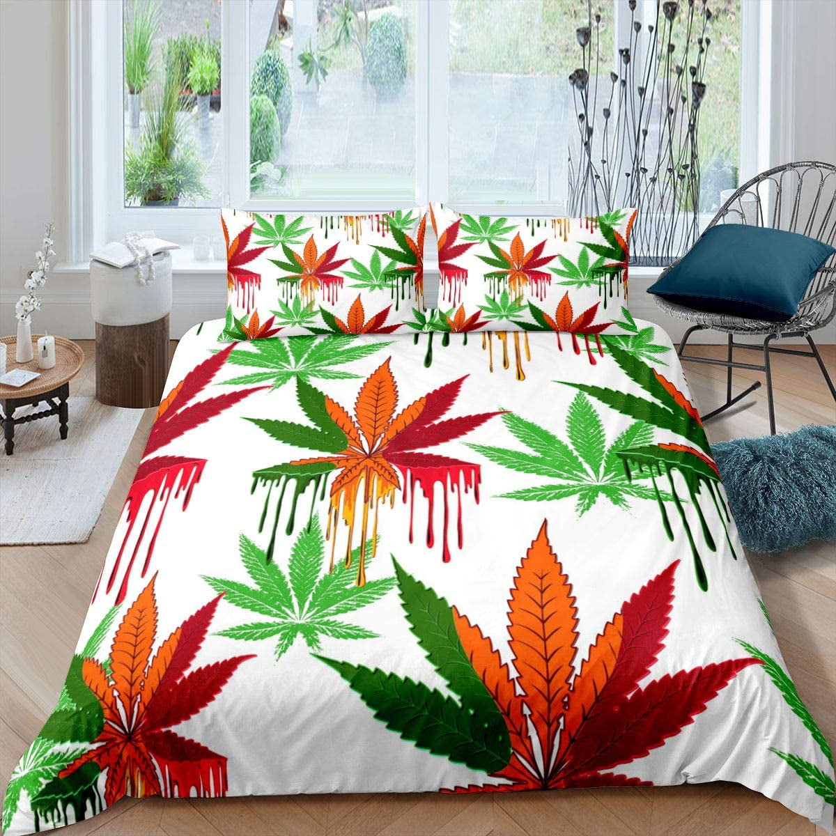 Marijuana Leaf Comforter Cover Twin Green Trippy Leaves Decor Bedding Set for Adult Women Teens Boho Abstract Exotic Style Duvet Cover Cannabis Leaves Printed Bedspread Bohemian Rustic Quilt Cover