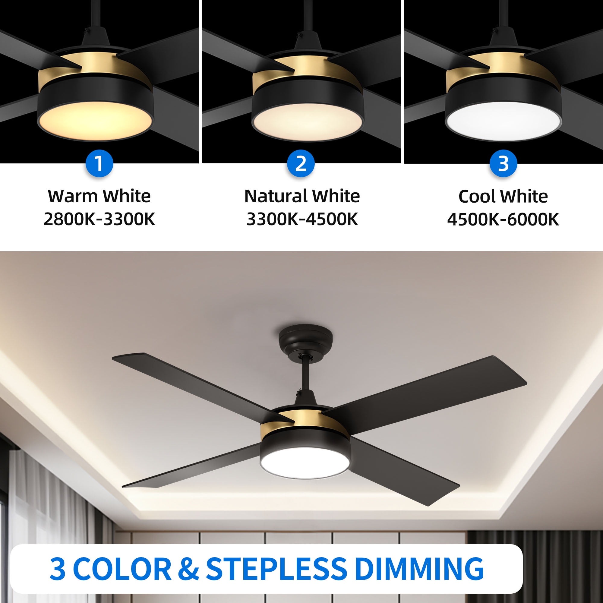 Dextrus 52in Ceiling Fan with Light and Remote, 3 Colors Light Changing, 3 Speed, 4 Blades,Reversible Airflow for Outdoor/Indoor, Black & Gold