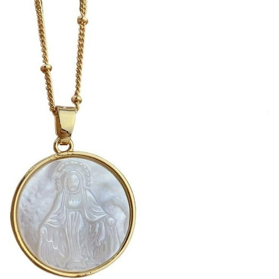 Maria Cadena Virgen De Mother of Pearl Necklace Merit Medal Cubic Zirconia Miraculous Necklace