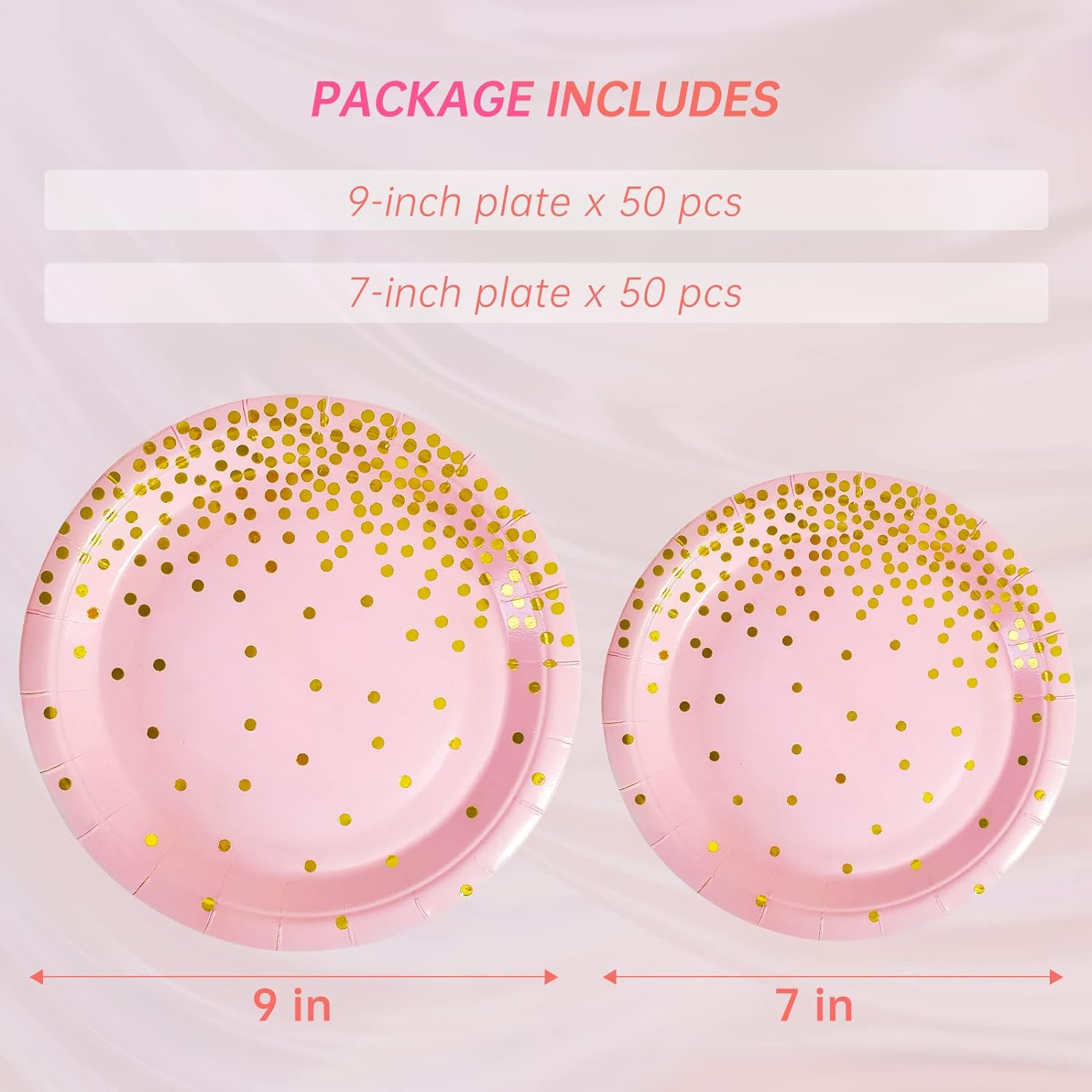 Pink and Gold Party Supplies, 100 Pack - 50 x 9" & 50 x 7" Disposable Paper Plates for Birthday, Wedding, or Any Party Decorations