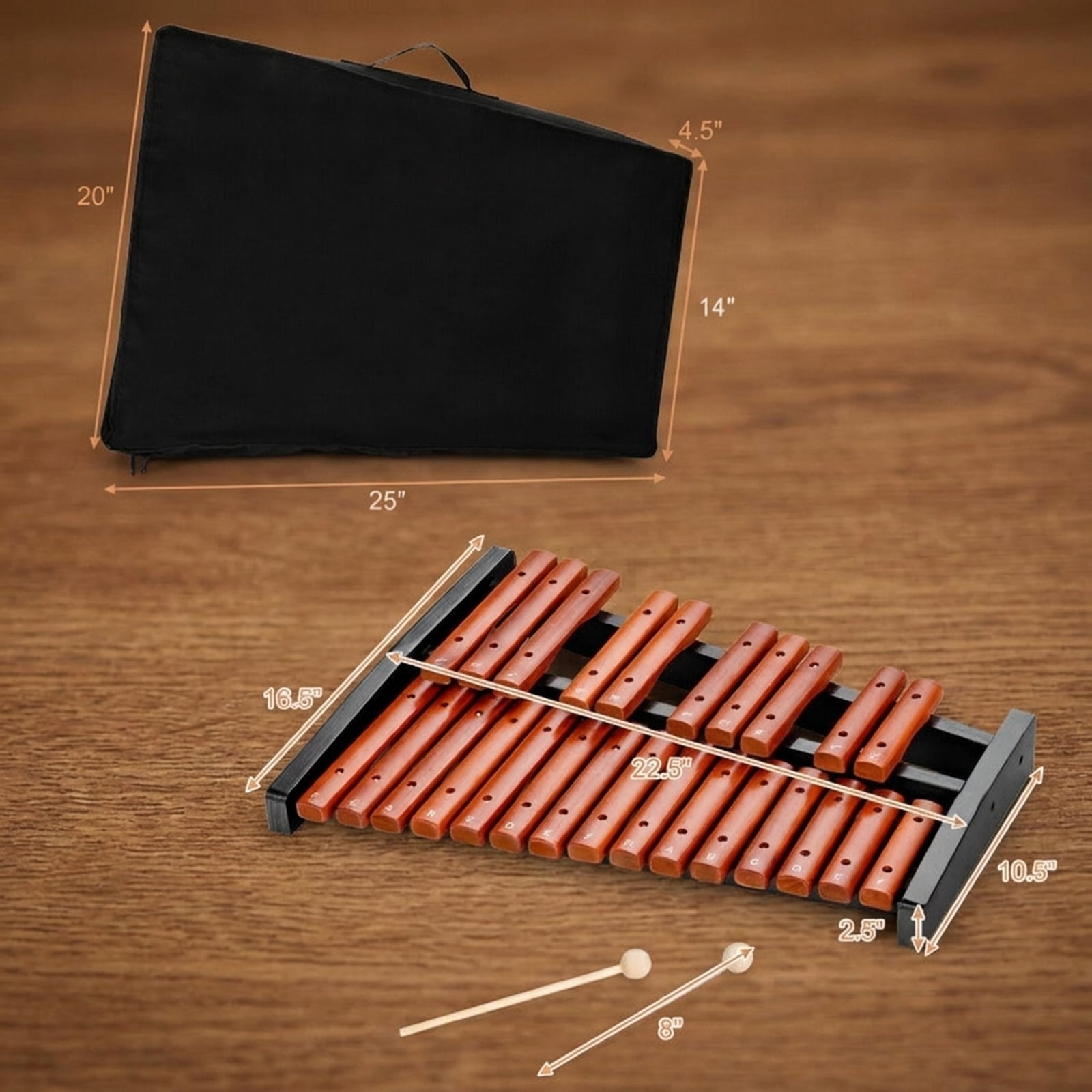 Redsmile 25-Note Wooden Xylophone with Mallets and Carrying Bag for Kids and Classroom Learning, Brown