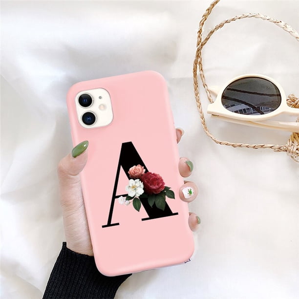 Funda de teléfono de silicona con letra inicial de Ottwn para iPhone 11 Pro 12 Pro Max X XR XS Max 7 8 Plus, funda trasera de TPU suave con flor rosa Retro Tan Jianjun unisex