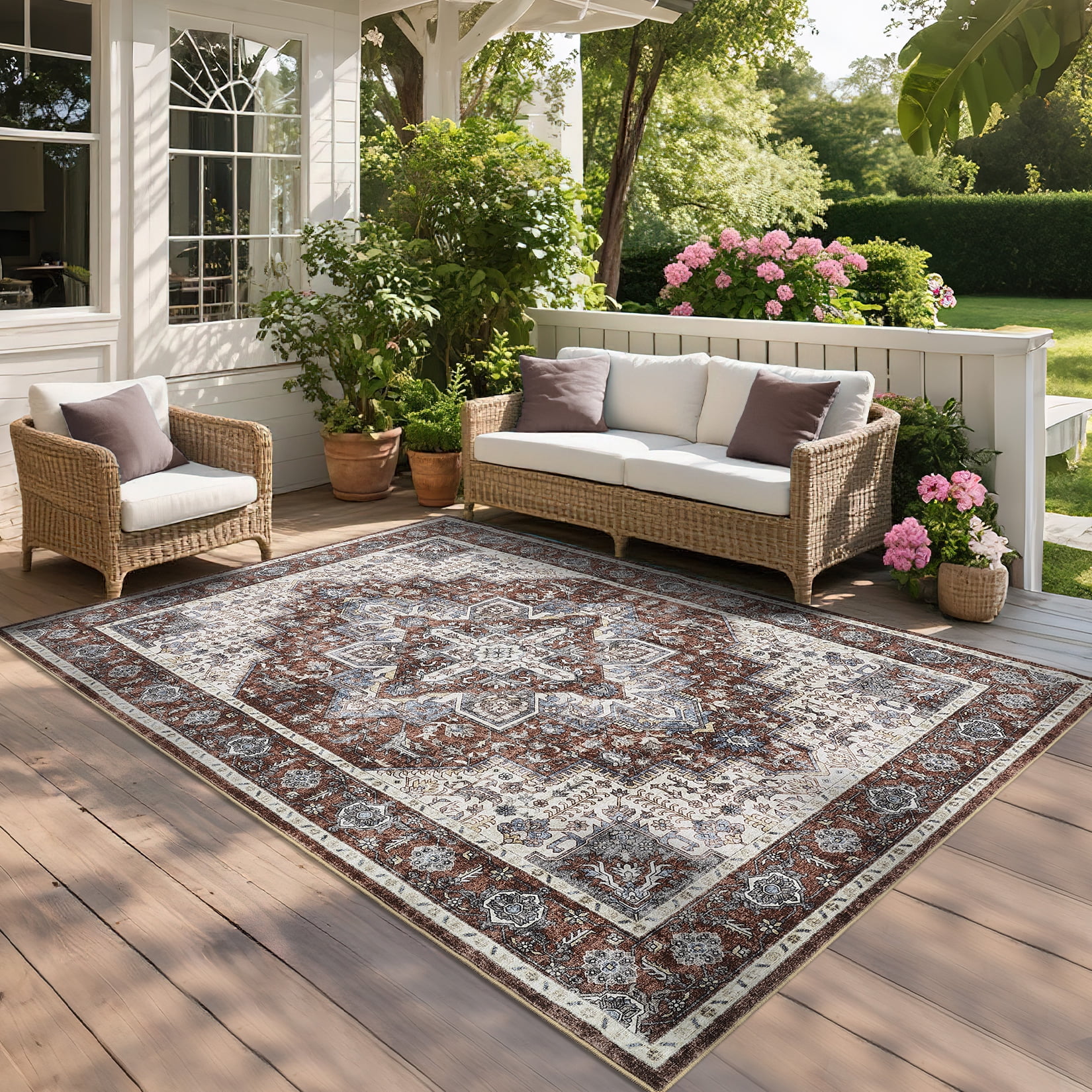 FairOnly 5'x7'Vintage Distressed Floral Machine Washable Area Rug for Bedroom Non Slip Low Pile Floor Cover for Dinning Room Kitchen Living Room,Red