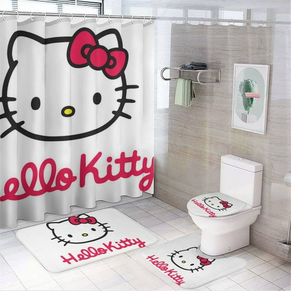 4-Piece Kawaii Shower Curtain Set Fun Hello Kitty Cat Cartoon Purple Backdrop Bathroom Set with Cute Anime Curtain And Rug And Accessories
