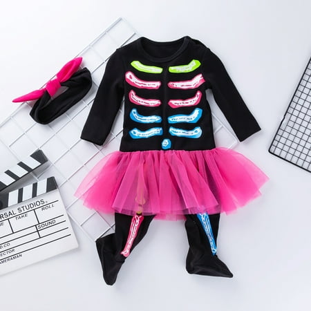 

Yubatuo Infant Baby Kids Boys Girls Romper Sets Long-slevees Romper+Headband Skeleton Black M/66